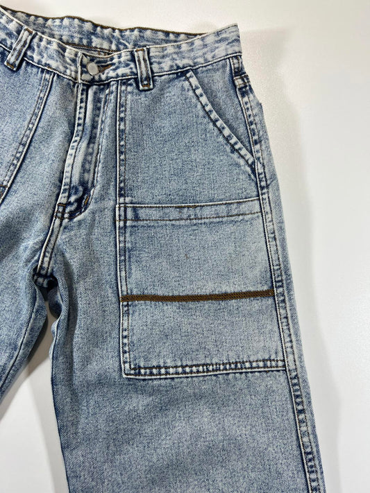 Wide Leg Light Wash Denim Jeans with Patch Pockets