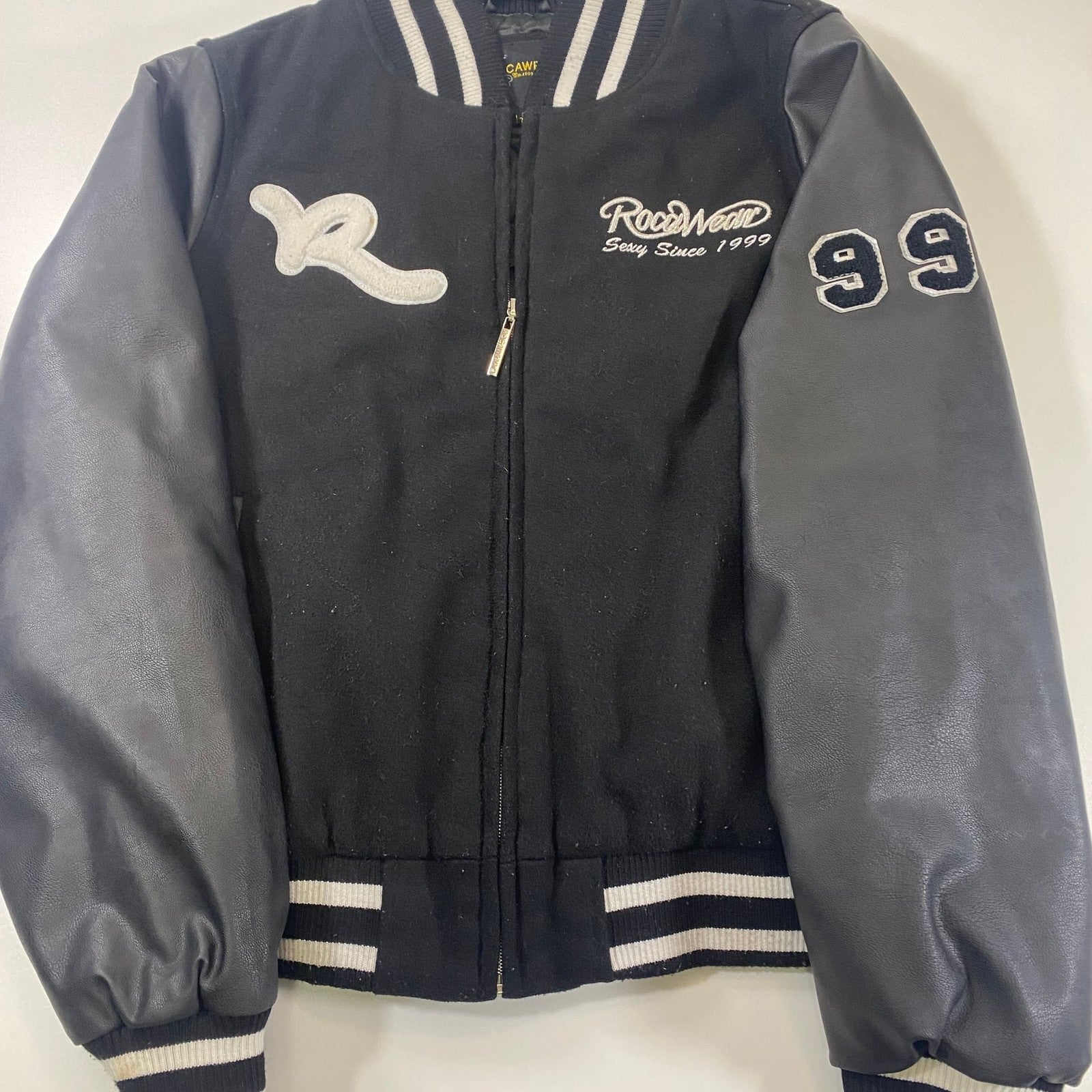 Rocawear Varsity Bomber Rare Jacket Black Wool Y2K