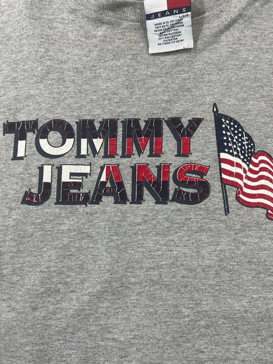 Tommy Jeans Grey Long Sleeve Shirt with American Flag Print