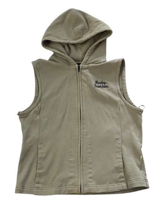 Harley Davidson Tan Sleeveless Hoodie Embroidered Spellout Logo