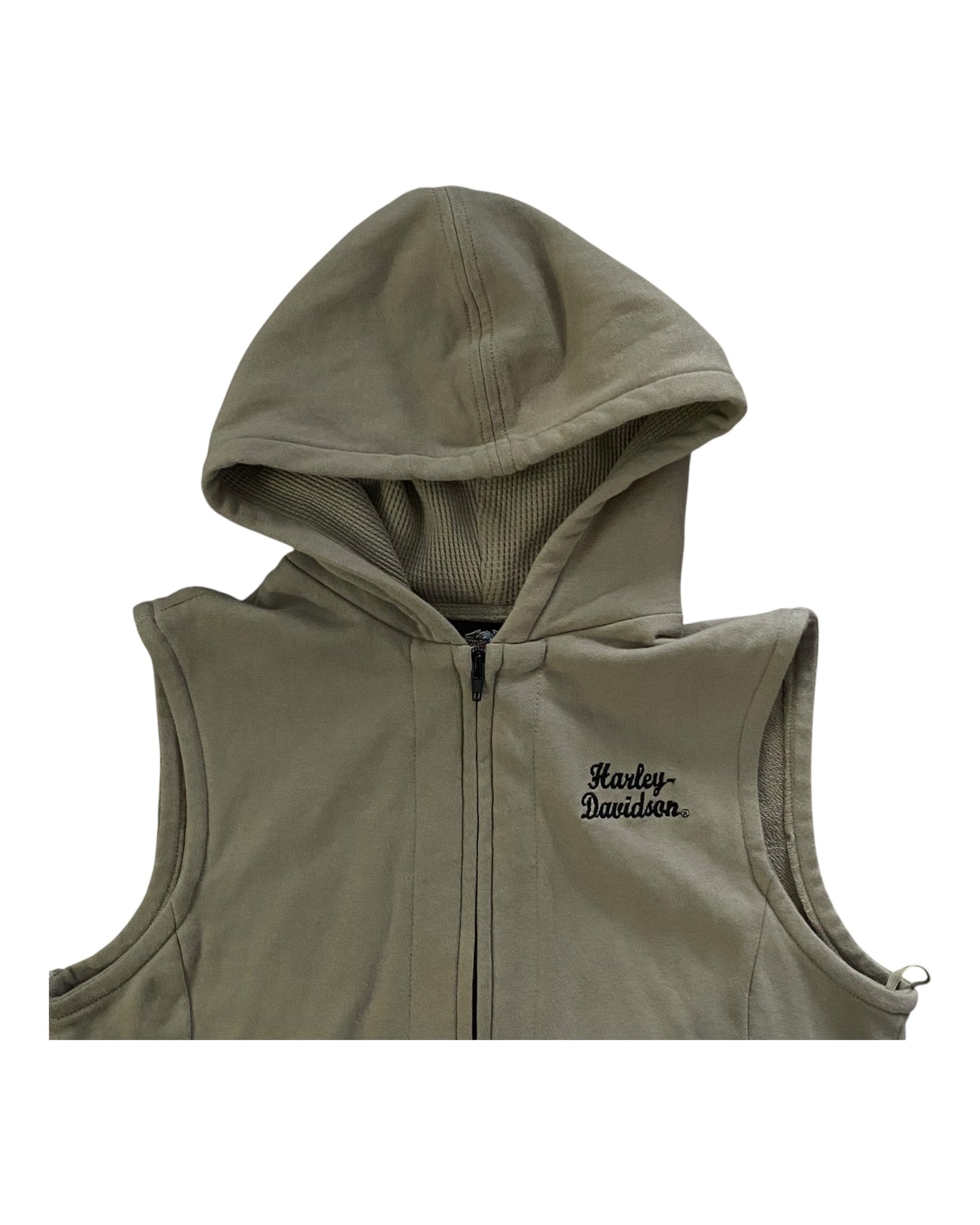 Harley Davidson Tan Sleeveless Hoodie Embroidered Spellout Logo