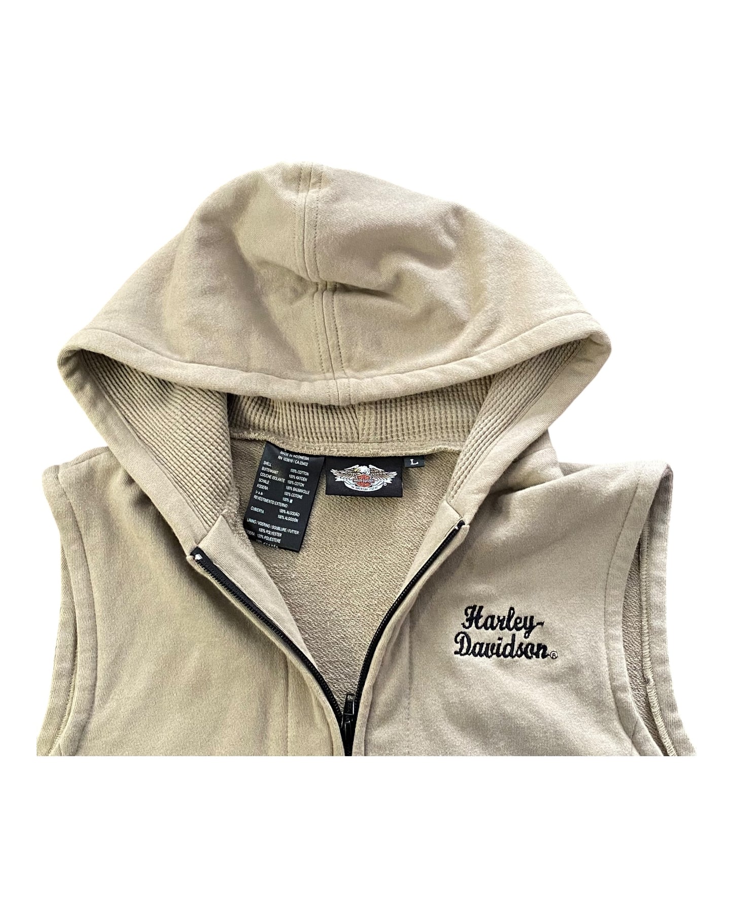 Harley Davidson Tan Sleeveless Hoodie Embroidered Spellout Logo