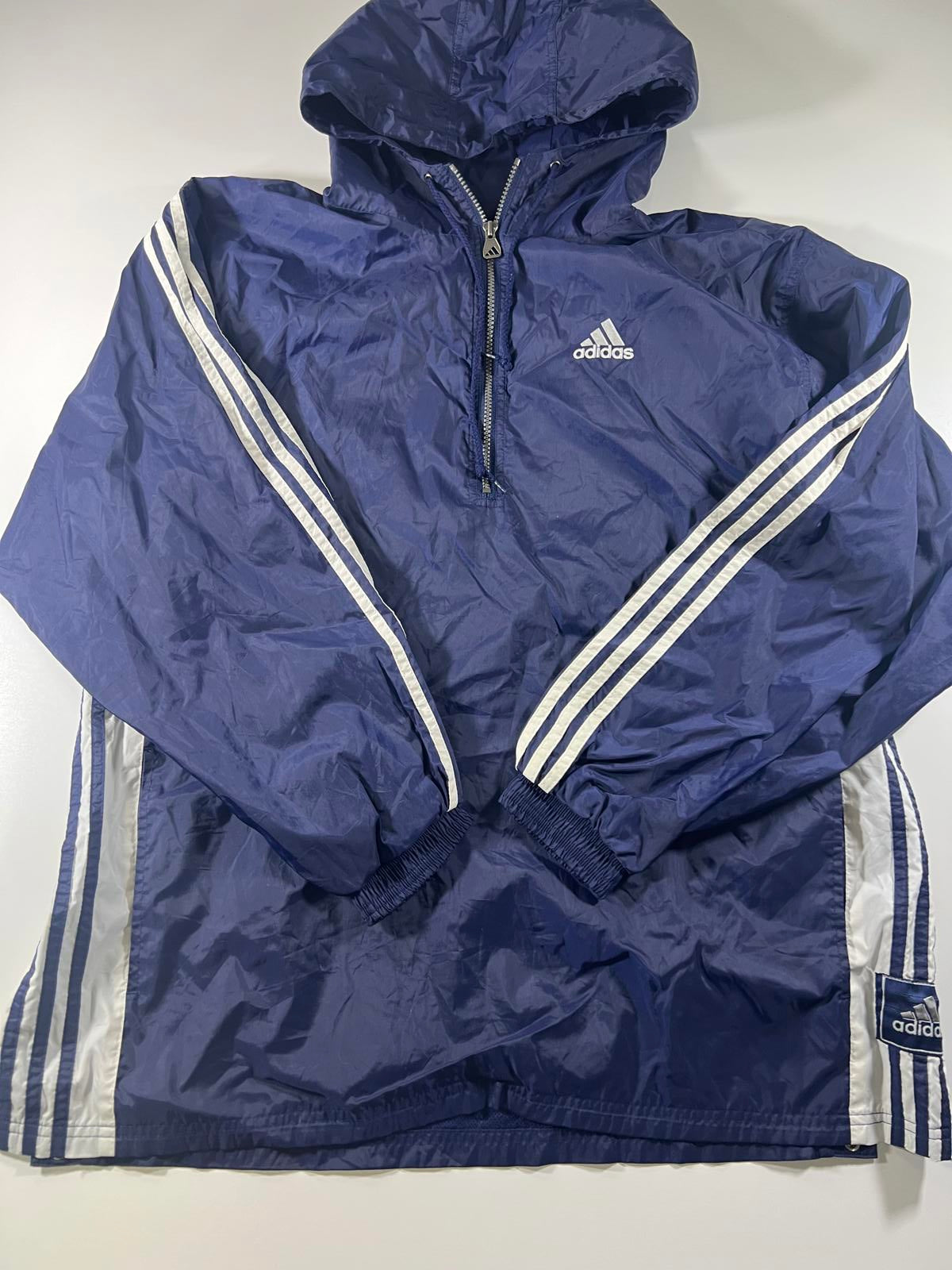 Adidas Navy Blue Windbreaker Jacket with Hood Stripes L