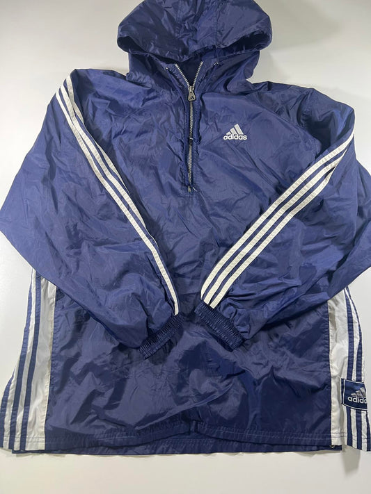 Adidas Navy Blue Windbreaker Jacket with Hood Stripes L