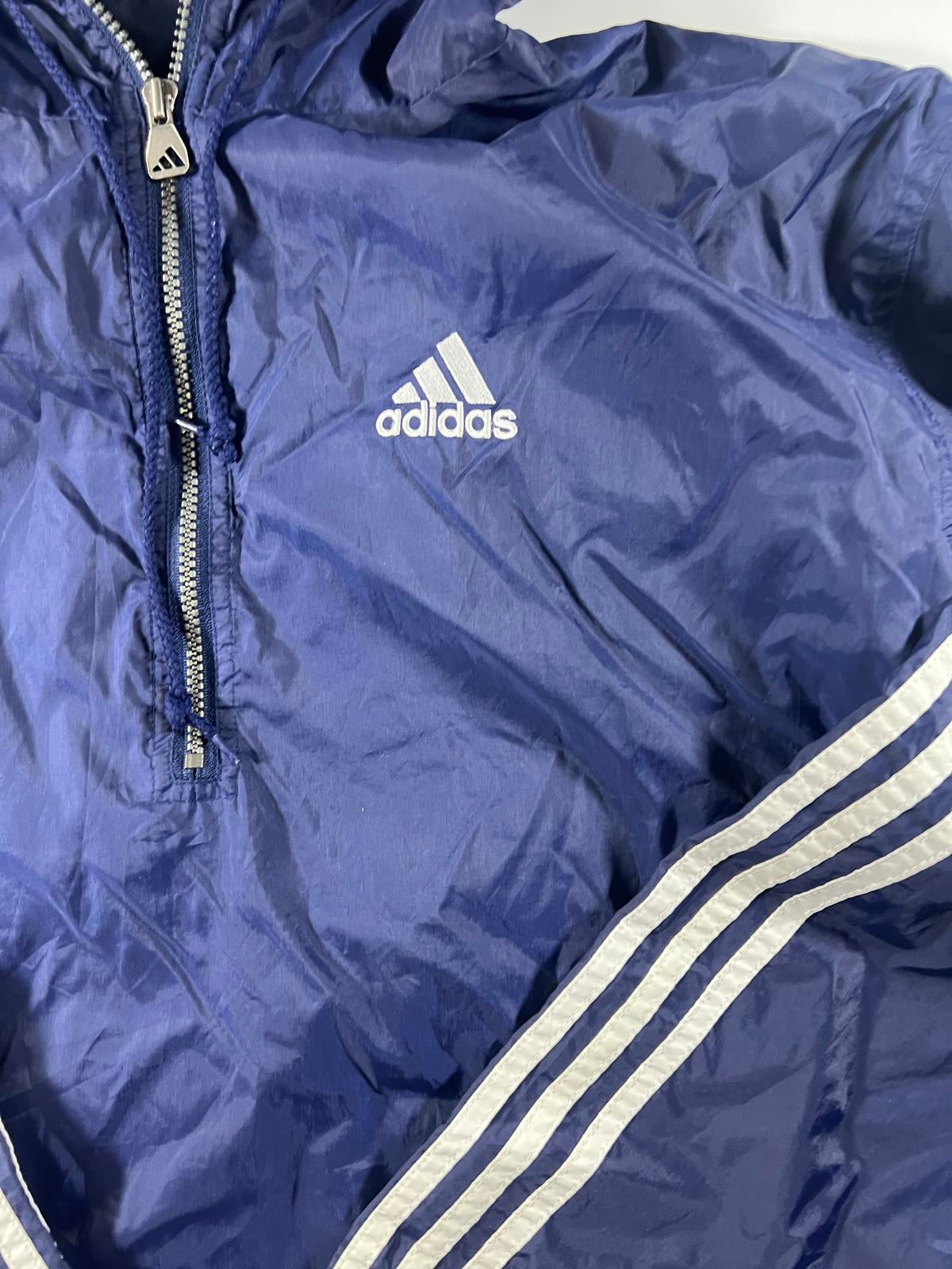 Adidas Navy Blue Windbreaker Jacket with Hood Stripes L