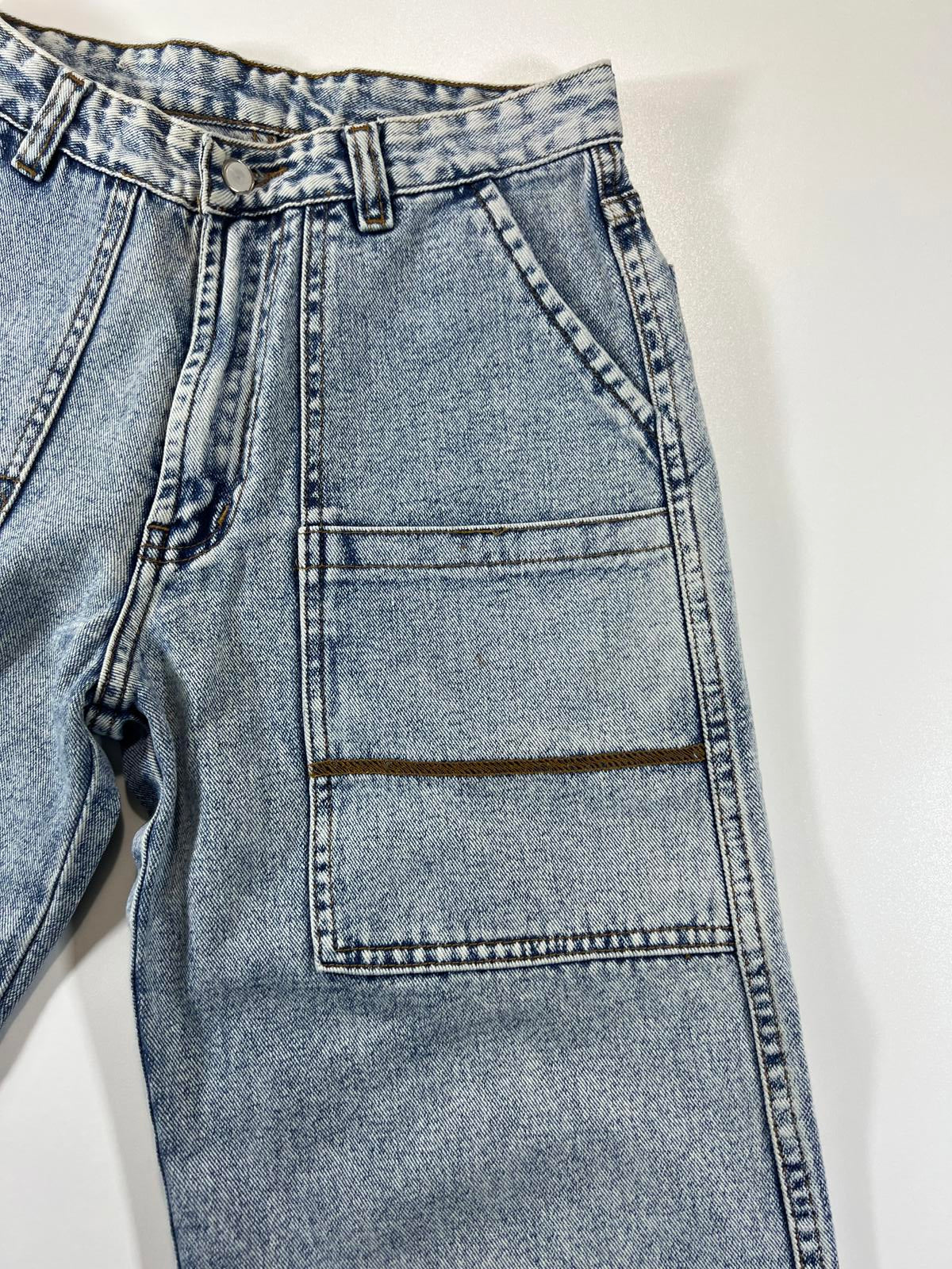 Wide Leg Light Wash Denim Jeans with Patch Pockets