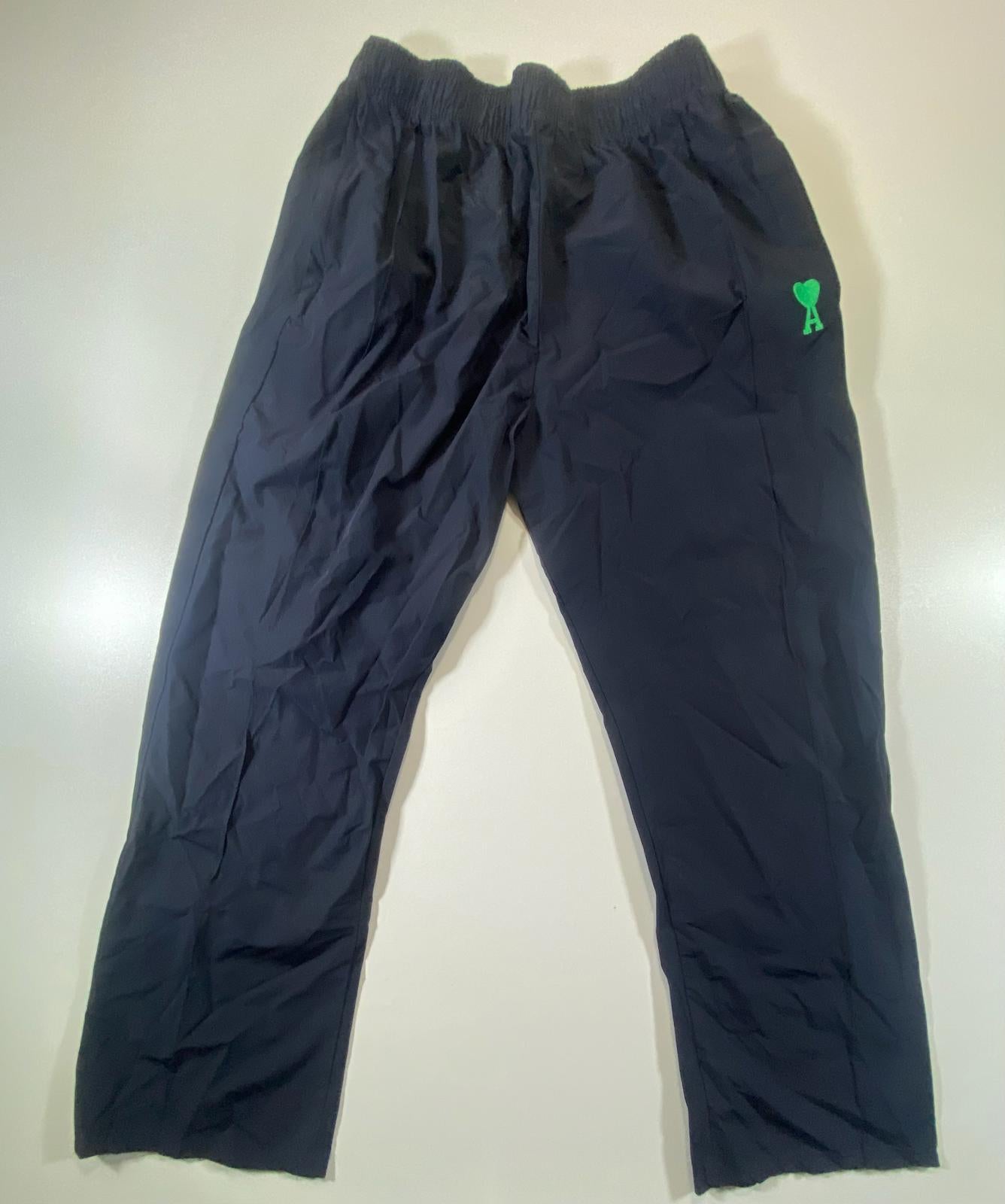 AMI Paris Navy Track Pants with Green Heart Logo