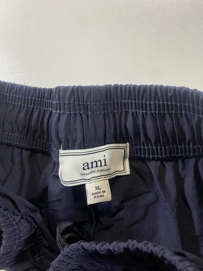 AMI Paris Navy Track Pants with Green Heart Logo