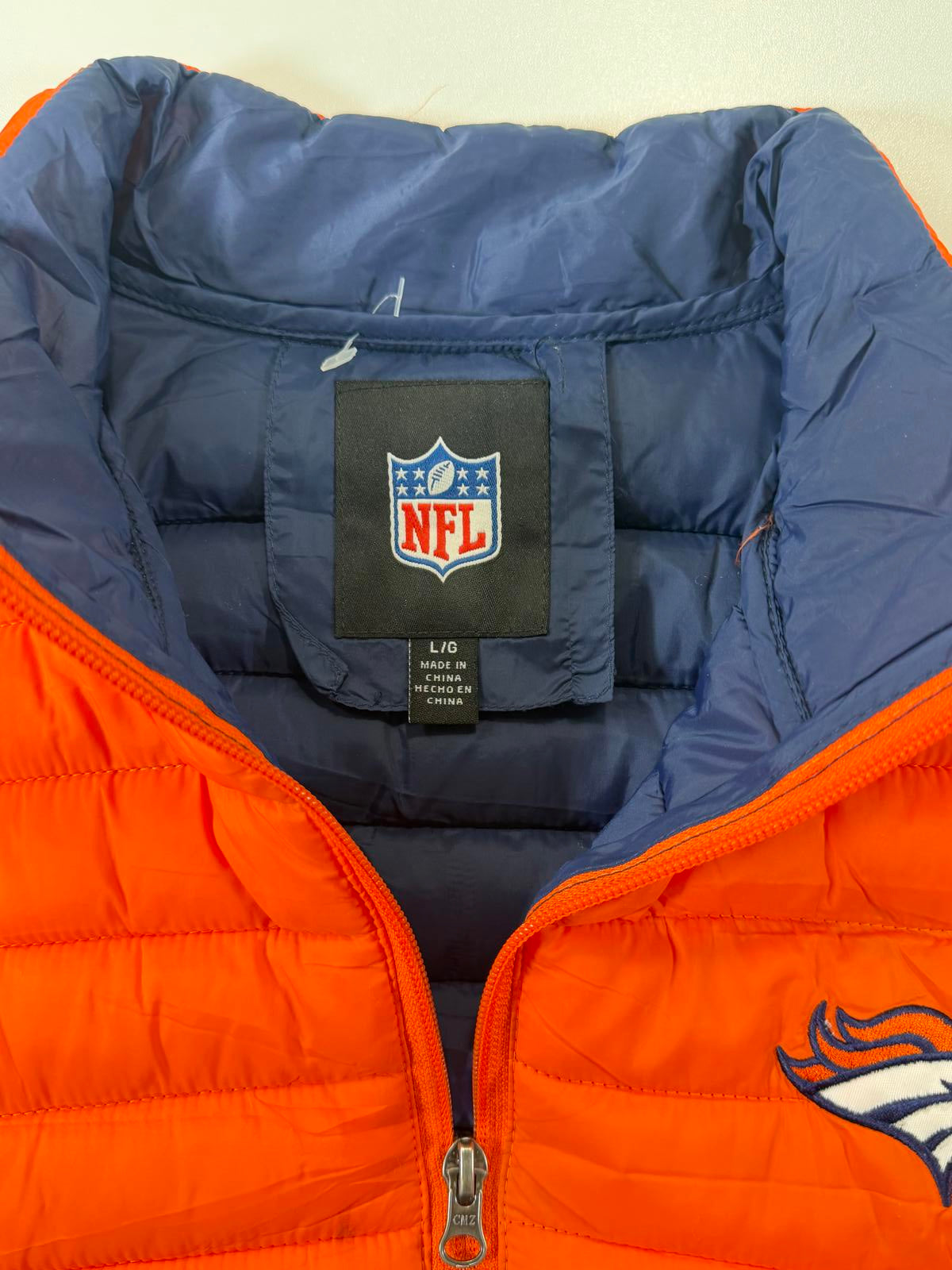 Orange Puffer Vest with Denver Broncos Logo L