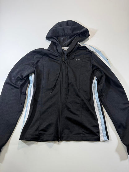 Nike Black Hooded Athletic Jacket with Light Blue and White M
