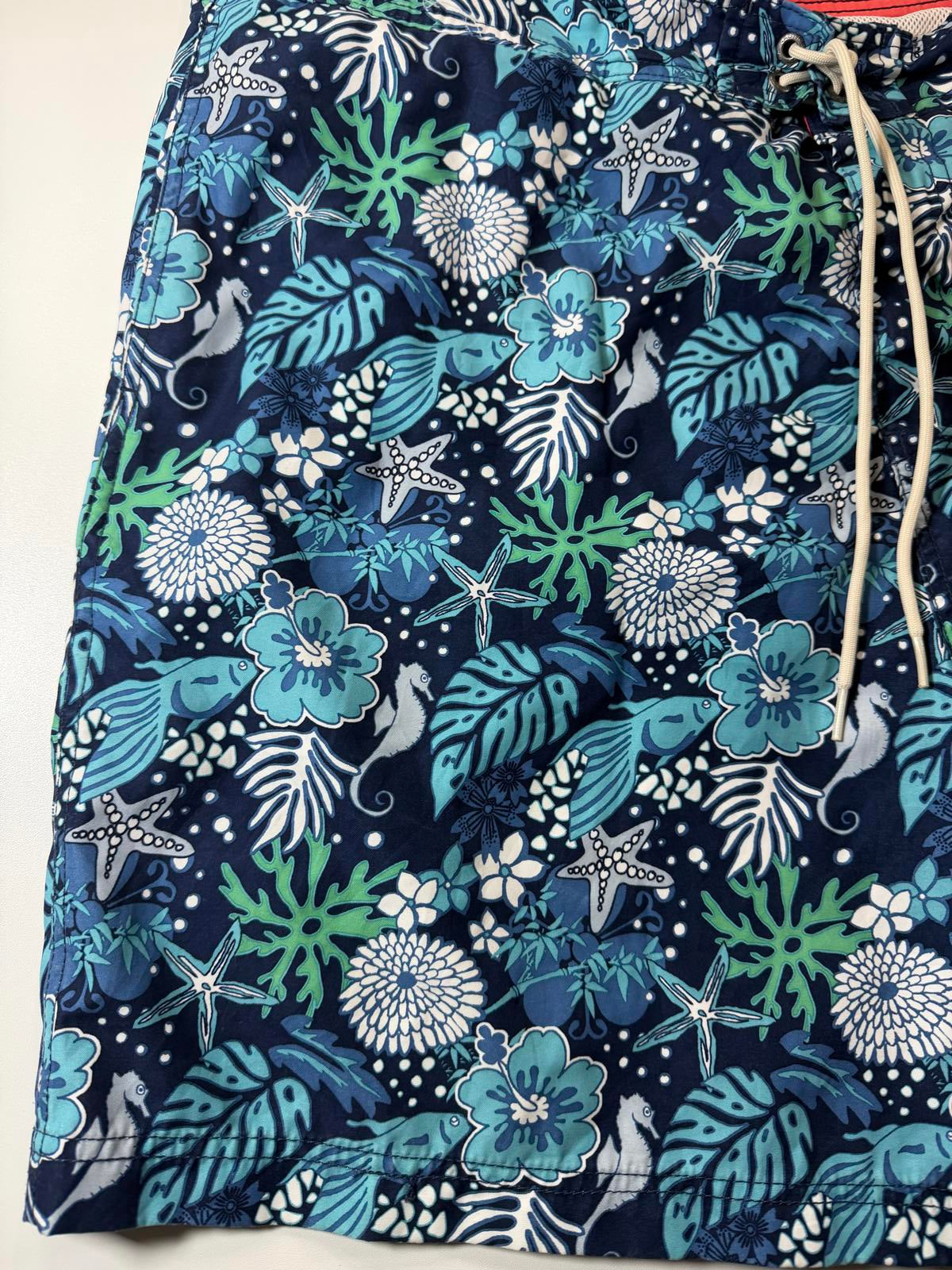 Men's Blue Tropical Print Swim Shorts with Drawstring XXL