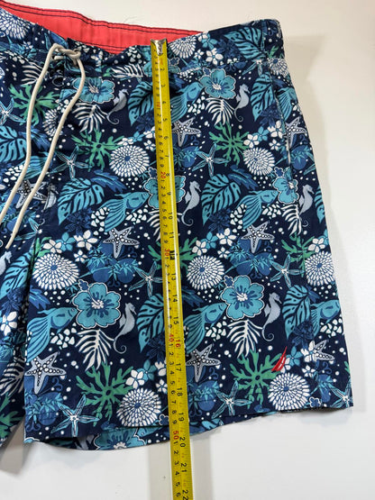 Men's Blue Tropical Print Swim Shorts with Drawstring XXL