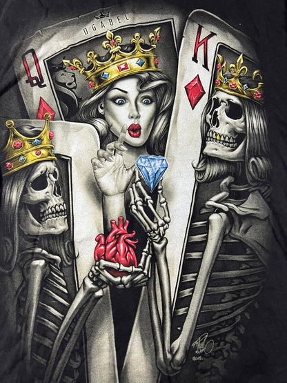 Graphic Black T-Shirt with Queen and King Skeleton Design