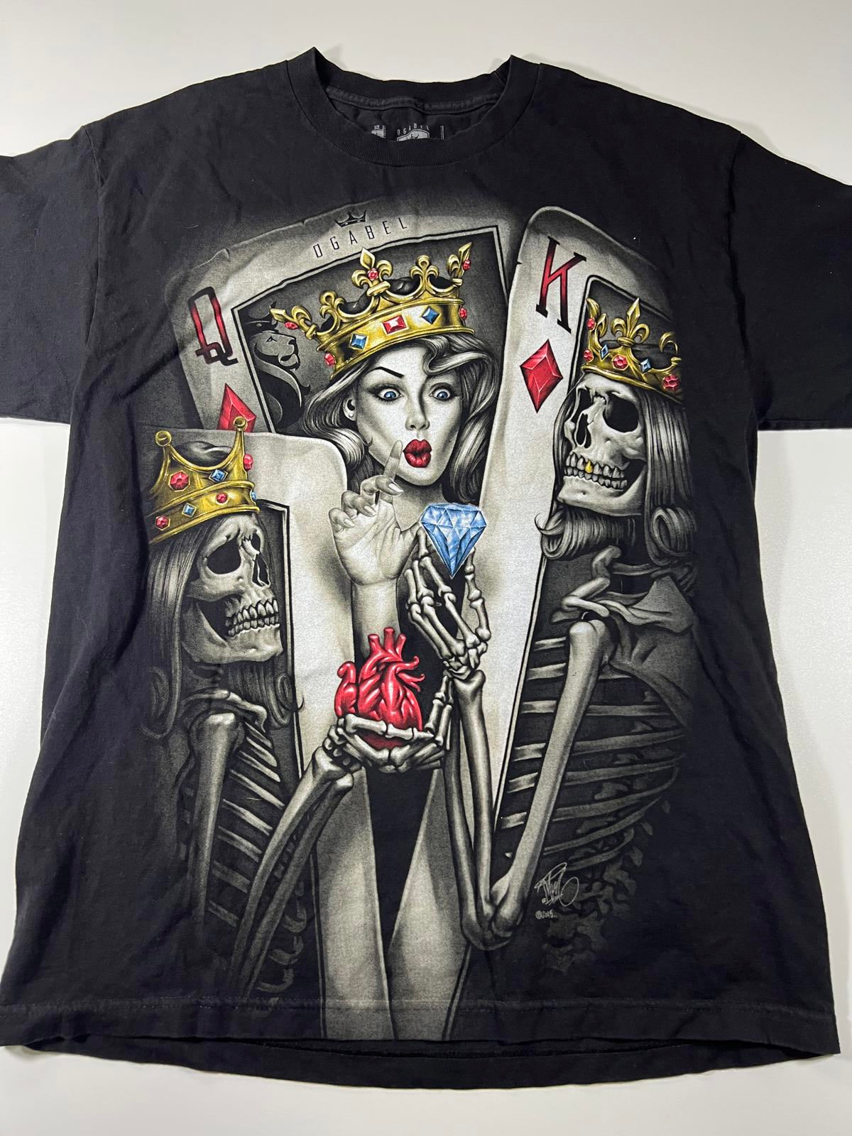 Graphic Black T-Shirt with Queen and King Skeleton Design