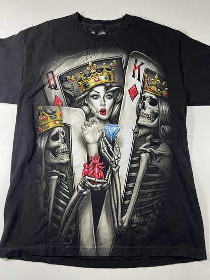 Graphic Black T-Shirt with Queen and King Skeleton Design